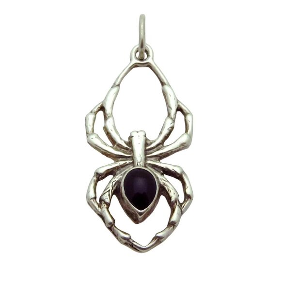 Vintage Sterling Silver Creepy Spider Black Onyx Pendant Halloween Charm 1960s - Picture 2 of 5